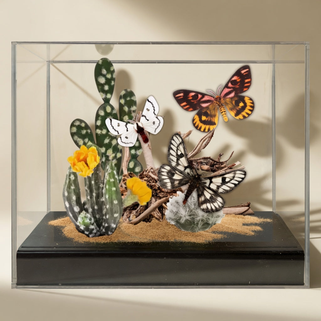 Hemileuca Desert Moth Trio Diorama – Natural History Display 6x8x6 Acrylic