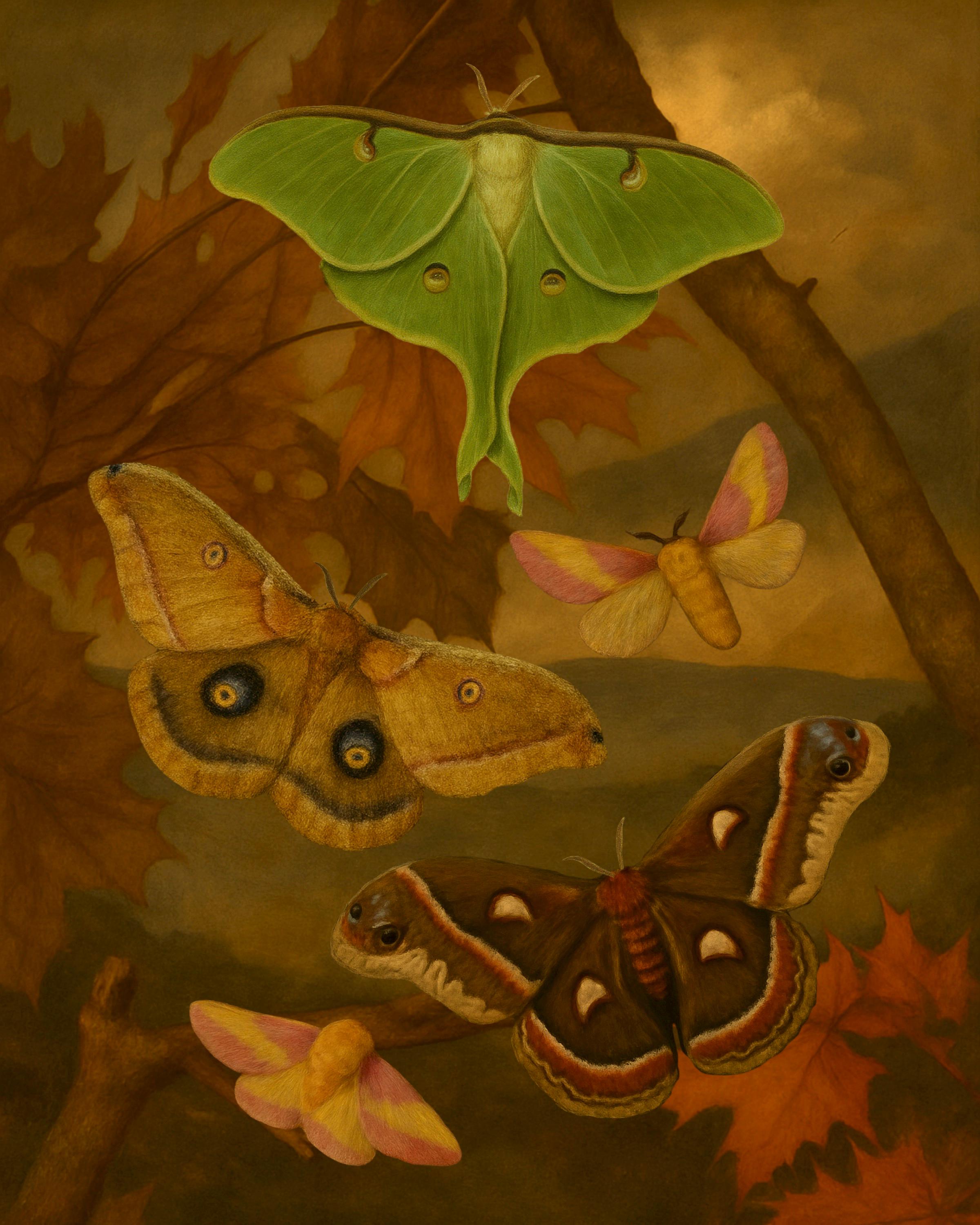 Framed Moth Collection Print – Luna, Cecropia, Polyphemus & Rosy Maple Vintage Natural History Wall Art 8x10