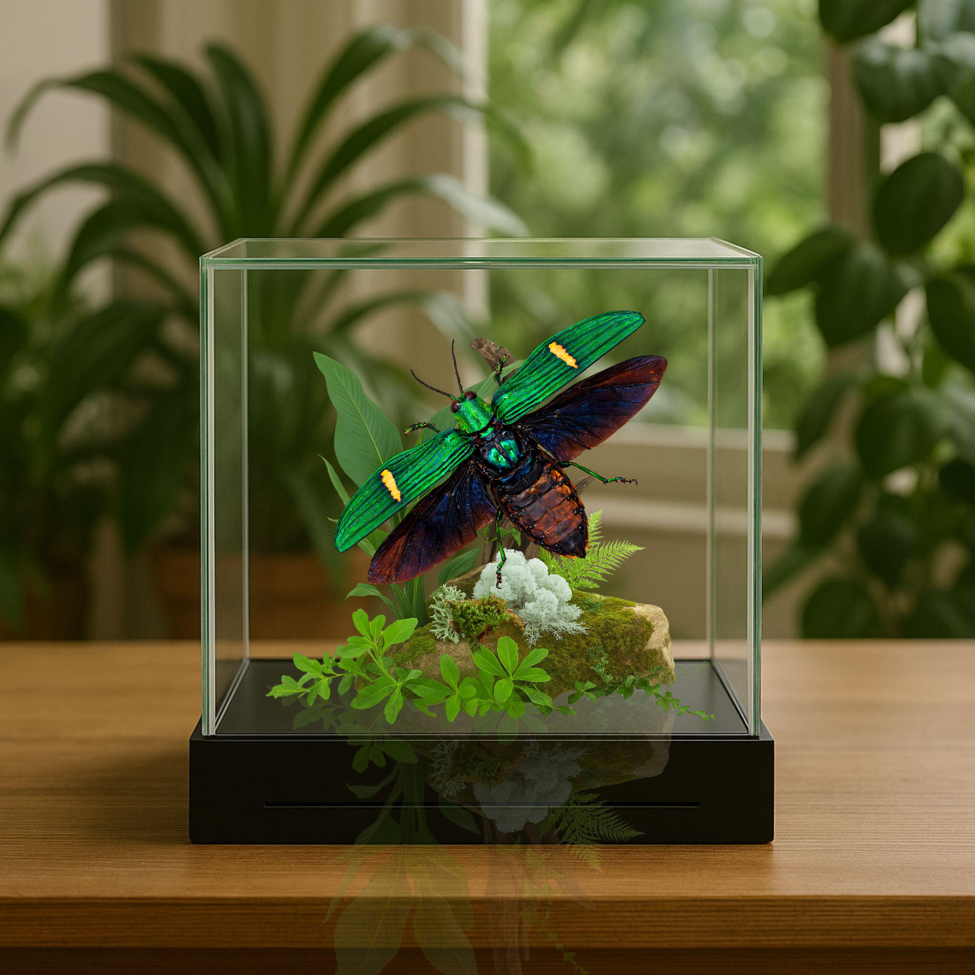 Cataxantha opulenta Jewel Beetle Diorama – Tropical Natural History Display 6x6x6 Cube
